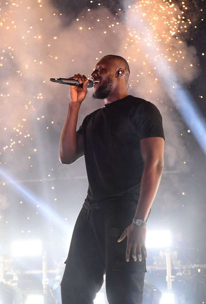 Stormzy performs at a 5G-powered gig beside Tower Bridge on the River Thames to mark the launch of 5G on EE
