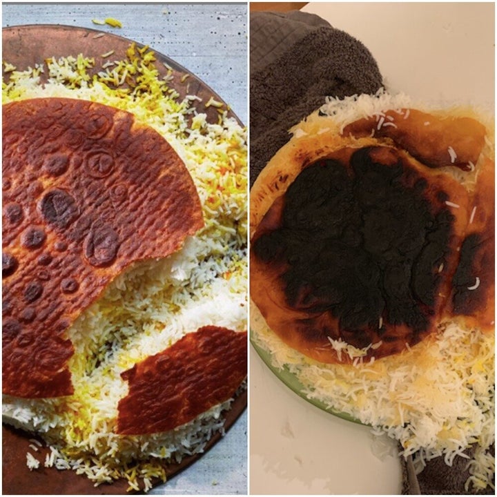 Left: Samin Nosrat's famous Tahdig. Right: My not famous tahdig. 