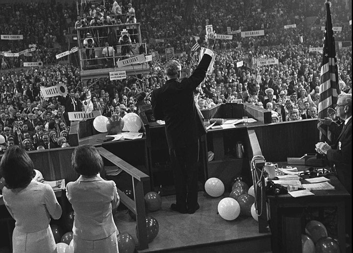 The nomination of Sen. Barry Goldwater, seen here waving to delegates at the 1964 GOP convention, presaged the conservative movement's takeover of the party.