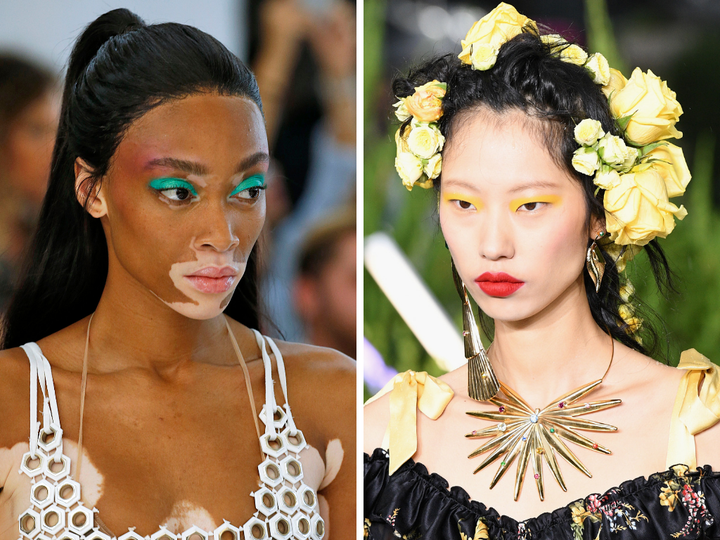 Left: Model Winnie Harlow walks the runway at the Byblos spring 2019 show. Right: A model walks the runway at the Rodarte spring 2019 show.