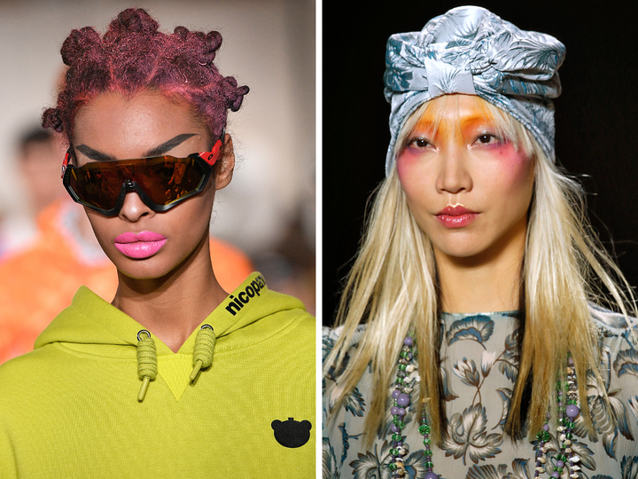 Left: A model walks the runway at the Nicopanda spring 2019 show. Right: A model walks the runway at the Anna Sui spring 2019 show.