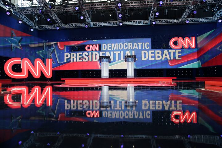 The stage for the CNN Democratic presidential primary debate between Sen. Bernie Sanders (I-Vt.) and Hillary Clinton, in Brooklyn, New York, on April 14, 2016.