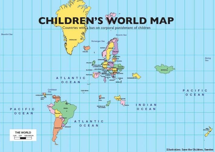 Save the children Swedenが制作したMap Of The 53 Countries That Ban The Corporal Punishment Of Children.(June 11, 2018)。地図には反映されていないが、現在ではネパールが追加された事で、54か国が法的に体罰を禁止している。
