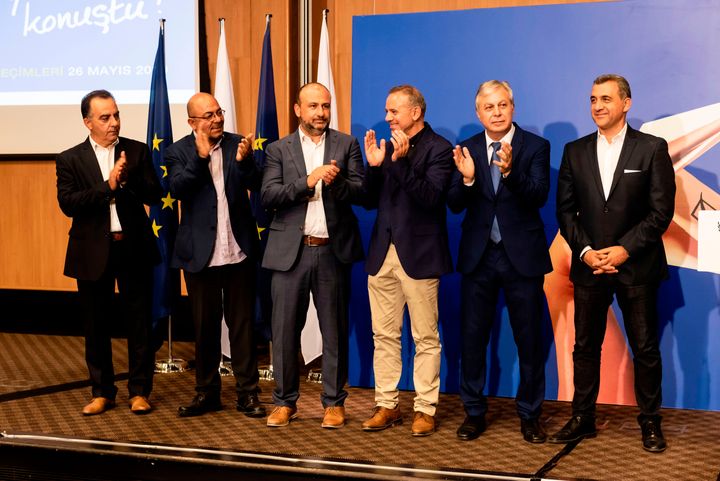 The winners from the cyprus elections for the European parliament (From Left to right) Georgios Georgiou from the communist party Akel and the Turkish Cypriot Niyazi Kizilyurek from the communist party Akel, Dimitris Papadakis from Social Democratic EDEK, Costas Mavrides from Democratic party DIKO, Lefteris Christoforou from Democratic Rally DISY and Loukas Fourlas from Democratic Rally DISY pose on May 26, 2019, in Nicosia.