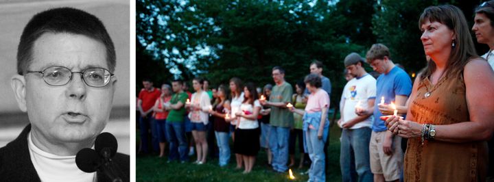 On the left, Dr. George Tiller, who was shot to death at his church on May 31, 2009. He was the target of a relentless protest campaign for most of the 36 years that he performed abortions at his Wichita clinic. On the right, mourners gather for a candlelight vigil for Tiller.