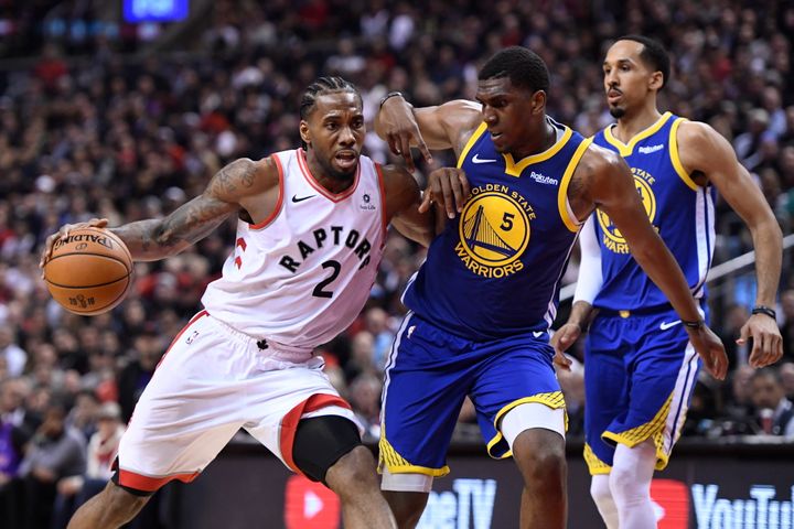 Toronto Raptors forward Kawhi Leonard charges down the court during Game 1 of the NBA Finals in Toronto. 