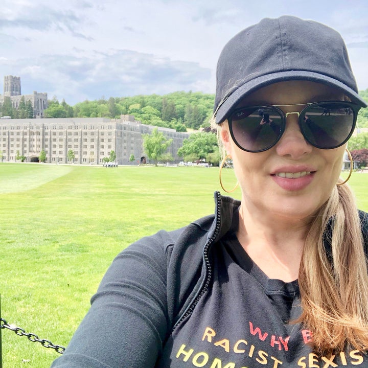 Lily Burana wearing her T-shirt in protest of Vice President Mike Pence (2019). "Protests are prohibited on military installations. But not on T-shirts!"