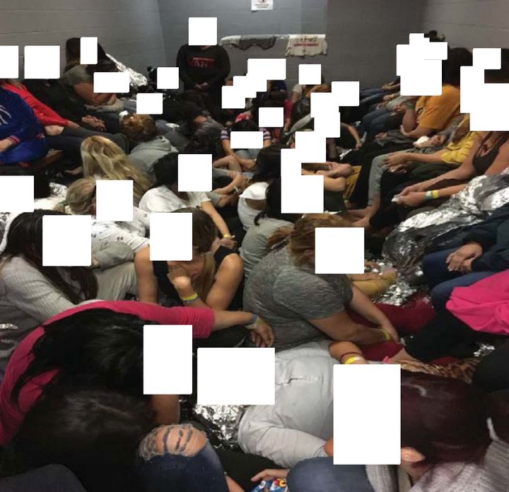 This cell in El Paso was designed to hold 12 people. The inspectors found 76 detainees crowded in there. Faces have been covered on the photo to protect identities.