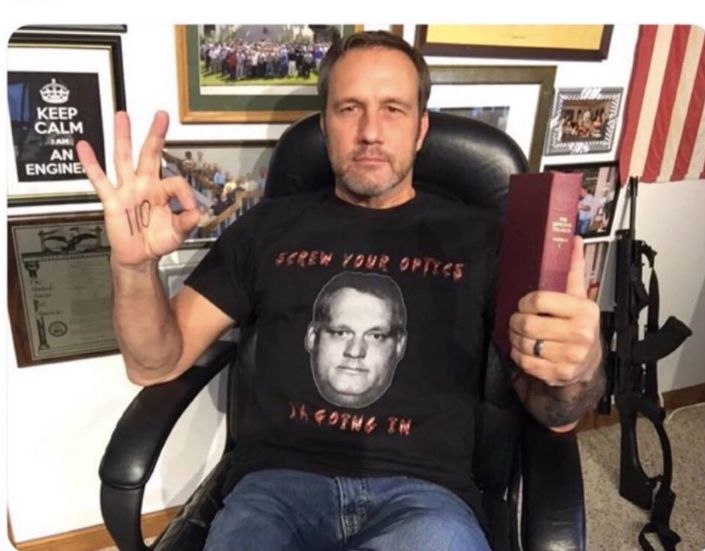 White supremacist Paul Nehlen wears a Robert Bowers shirt while joining a racist podcast in April.