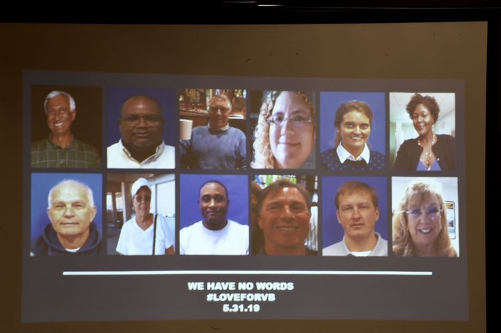 A slide of the victims in the May 31, 2019 mass shooting at a Virginia, Beach, Virginia, municipal building is shown during a press conference