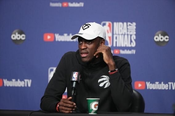 Pascal Siakam of the Toronto Raptors addresses the media on May 31, 2019 at Scotiabank Arena.