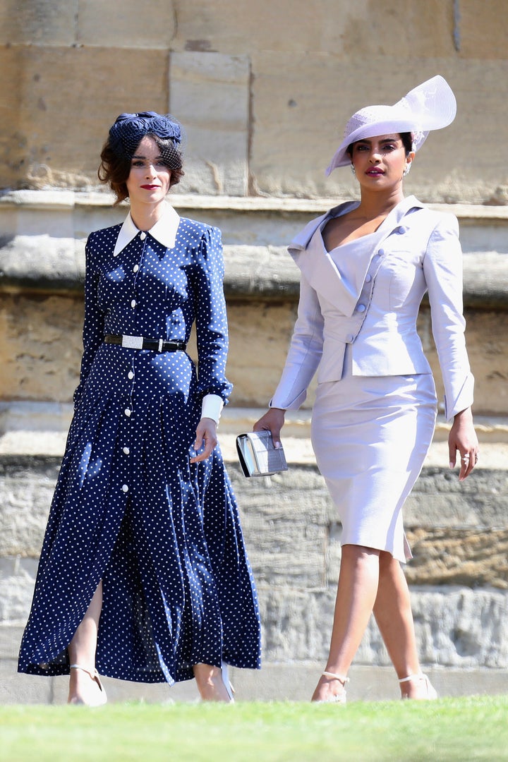 Abigail Spencer, left, and Priyanka Chopra arrive for the wedding ceremony of Prince Harry and Meghan Markle at St. George's Chapel on May 19. 