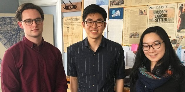 Student journalists Jack Denton, Andy Takagi and Josie Kao stand in The Varsity's office on the University of Toronto's St. George campus on Jan. 17, 2019.