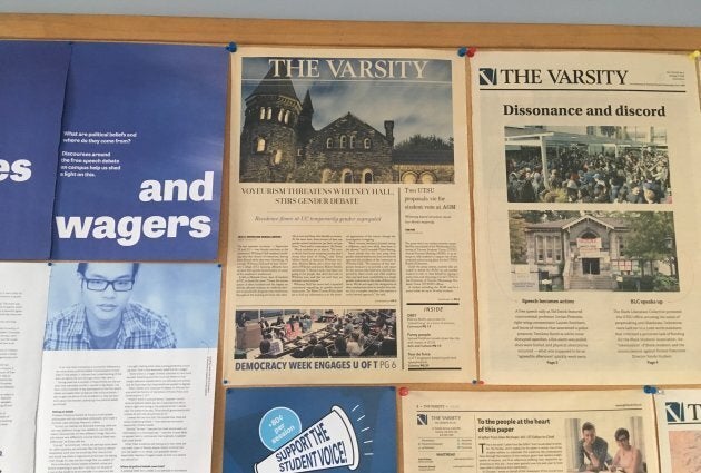 Jack Denton's first story for The Varsity hangs on a bulletin board in the student newspaper's Toronto office.