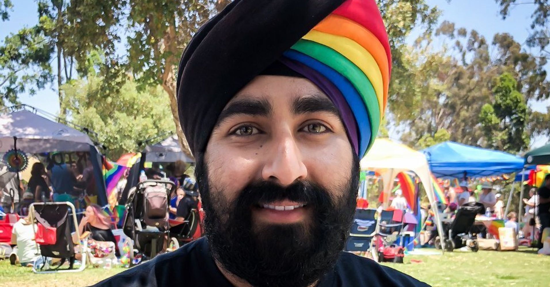 Image result for It's Viral! Sikh man dons rainbow turban for Pride month in California