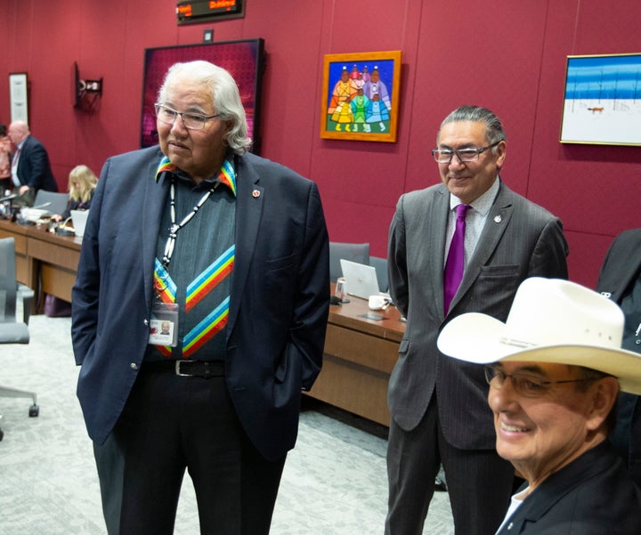 Senator Murray Sinclair, left, along with lawyer and former member of Parliament, Wilton Littlechild, right, and NDP MP Romeo Saganash attend a Senate Aboriginal peoples committee meeting in Ottawa on Tuesday May 28, 2019.