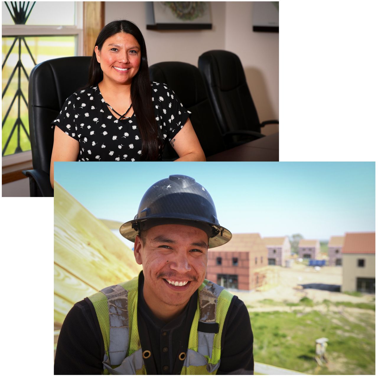TOP: Tatewin Means, executive director of the Thunder Valley Community Development Corporation. BOTTOM: Alan Jealous, co-owner of Thikaga Construction, stands in front of housing units his company is building for Thunder Valley CDC on the Pine Ridge Reservation.