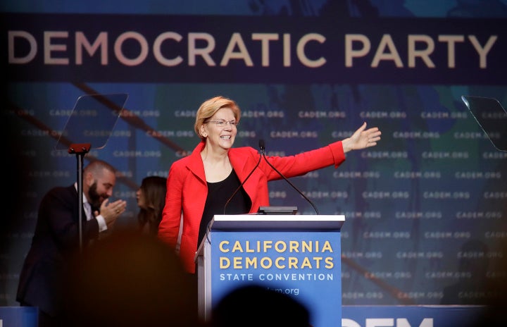 Sen. Elizabeth Warren (D-Mass.), a 2020 presidential candidate, waves before speaking during the 2019 California Democratic Party State Organizing Convention in San Francisco on Saturday.