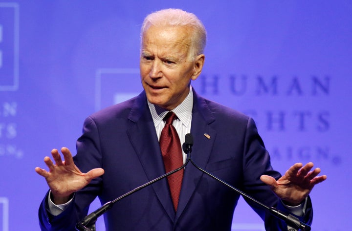 Joe Biden speaks at a Human Rights Campaign dinner in Columbus, Ohio, on Saturday.