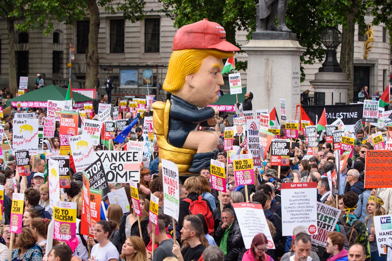 Protesters gather in Trafalgar Square to demonstrate against US President Donald Trump's state visit to the UK.