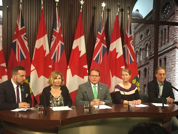 NDP MPP Ian Arthur, Liberal MPP Nathalie Des Rosier, Green MPP Mike Schreiner, Ontario Nature's Anne Bell and Windmill Development's Alex Spiegel hold a press conference at Queen's Park on Tuesday.