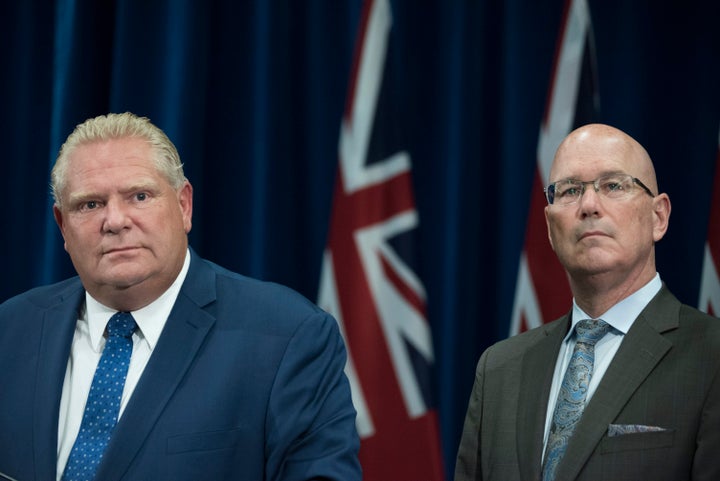 Ontario Premier Doug Ford and Housing Minister Steve Clark attend a press conference on Sept. 10, 2018 in Toronto.