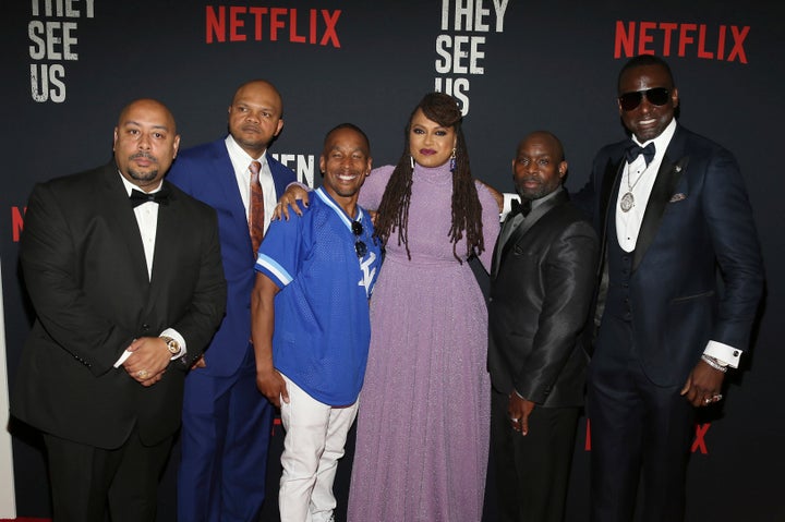 Director Ava DuVernay, with the men known as the Central Park Five: Raymond Santana, Kevin Richardson, Korey Wise, Anthony McCray and Yusef Salaam.