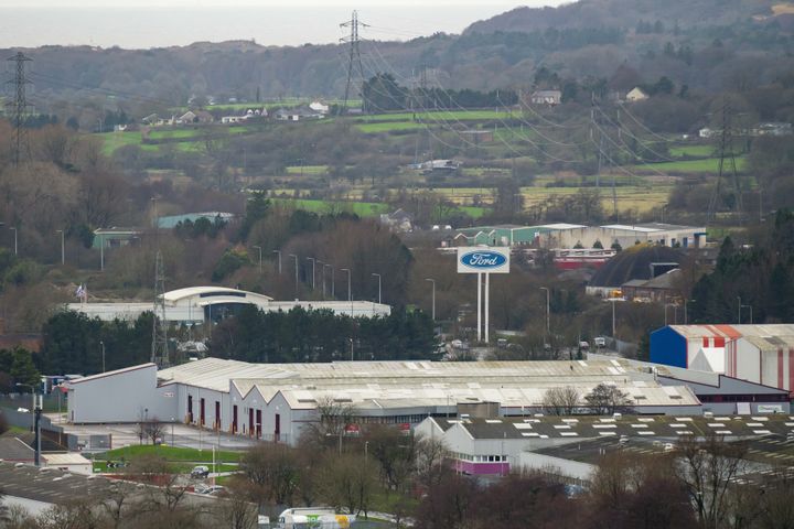 A general view of a Ford sign near the Ford engine plant in Bridgend, Wales.