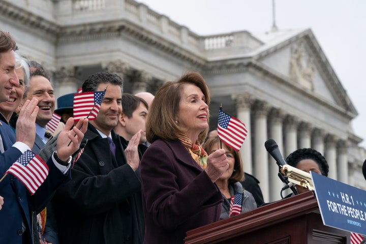 Speaker of the House Nancy Pelosi (D-Calif.) speaks at a press conference moments before the House passed H.R. 1 on March 8.