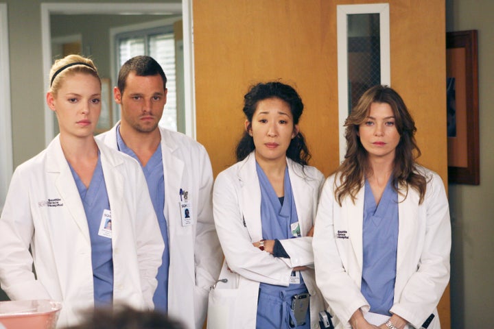 Katherine Heigl, Justin Chambers, Sandra Oh and Ellen Pompeo in "Grey's Anatomy."