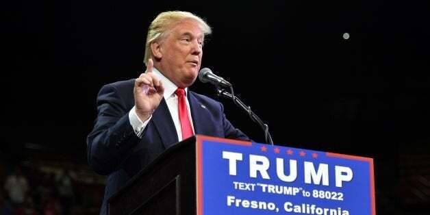 Republican presidential candidate Donald Trump speaks during a rally in Fresno, California on May 27, 2016. / AFP / JOSH EDELSON (Photo credit should read JOSH EDELSON/AFP/Getty Images)