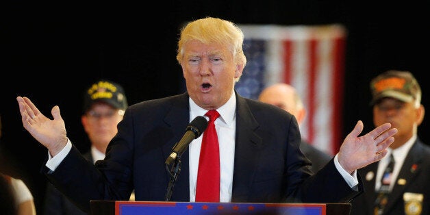 U.S. Republican presidential candidate Donald Trump addresses the media regarding donations to veterans foundations at Trump