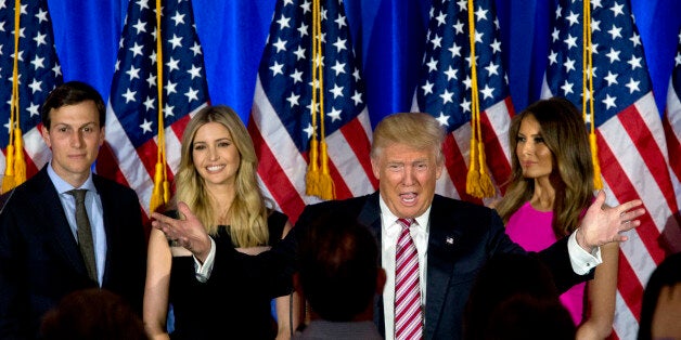 Republican presidential candidate Donald Trump is joined by his wife Melania, daughter Ivanka and son-in-law Jared Kushner as he speaks during a news conference at the Trump National Golf Club Westchester, Tuesday, June 7, 2016, in Briarcliff Manor, N.Y. (AP Photo/Mary Altaffer)