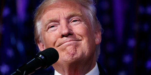 U.S. President-elect Donald Trump smiles as he arrives to speak at an election night rally, early Wednesday, Nov. 9, 2016, in New York. Trump's election has small business advocates expecting changes in government policy on issues like health care and the environment. But theyâre concerned that gridlock will continue in Washington even though there will be a Republican president and a Congress that looks to be GOP-dominated. (AP Photo/ Evan Vucci)