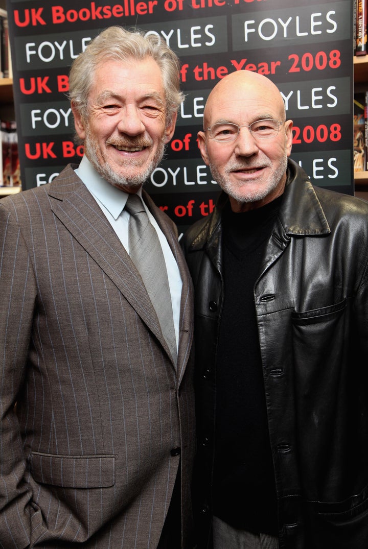 LONDON - FEBRUARY 26: Sir Ian McKellen and Patrick Stewart pose for photos before reading from 'The Letters of Samuel Beckett', and discussing their roles in a production of Waiting for Godot opening at The Theatre Royal Haymarket (on April 30th 2009) at Foyles Bookshop on February 26, 2009 in London, England (Photo by Tim Whitby/Getty Images)