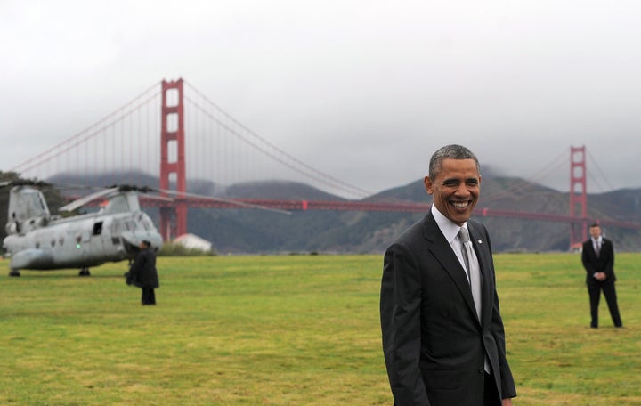 US President Barack Obama smiles before boarding Marine One helicopter from a field overlooking the iconic golden gate bridge in San Francisco, California, on April 4, 2013. Obama is in California to attend two DCCC fund rising events. AFP PHOTO/Jewel Samad (Photo credit should read JEWEL SAMAD/AFP/Getty Images)