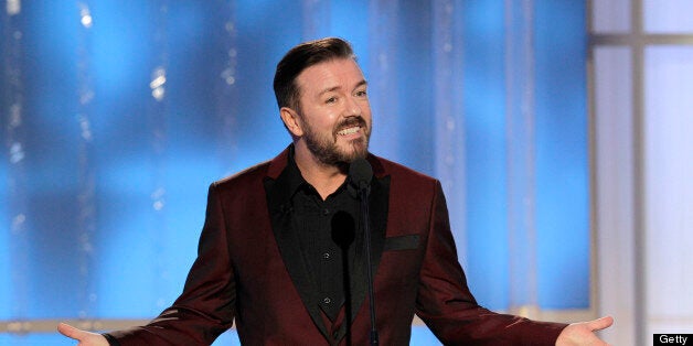 69th ANNUAL GOLDEN GLOBE AWARDS -- Pictured: Host Ricky Gervais on stage during the 69th Annual Golden Globe Awards held at the Beverly Hilton Hotel on January 15, 2012 -- (Photo by: Paul Drinkwater/NBC/NBCU Photo Bank via Getty Images)