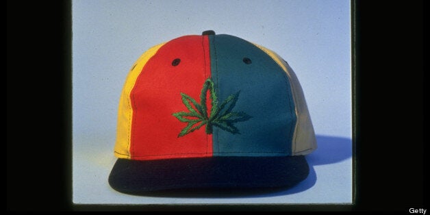 Baseball cap sporting marijuana leaf emblem is example of pot-leaf clothing fad among rockers & their fans. (Photo by James Keyser//Time Life Pictures/Getty Images)