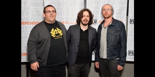 LOS ANGELES, CA - AUGUST 19: (L-R) Actor Nick Frost, director Edgar Wright and actor Simon Pegg attend the Film Independent screening and Q&A of 'The World's End' at the Landmark Theater on August 19, 2013 in Los Angeles, California. (Photo by Amanda Edwards/WireImage)