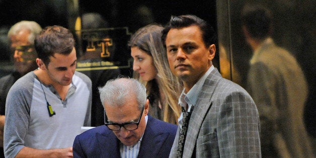 NEW YORK, NY - SEPTEMBER 28: Director Martin Scorsese and actor Leonardo DiCaprio on the set of the film The Wolf of Wall Street on the streets of Manhattan on September 28, 2012 in New York City. (Photo by Bobby Bank/WireImage)