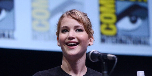 SAN DIEGO, CA - JULY 20: Actress Jennifer Lawrence speaks onstage at the Lionsgate preview featuring 'I, Frankenstein' and 'The Hunger Games: Catching Fire' during Comic-Con International 2013 at San Diego Convention Center on July 20, 2013 in San Diego, California. (Photo by Albert L. Ortega/Getty Images)