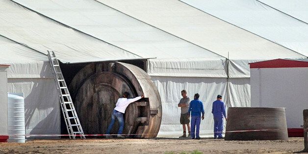 ABU DHABI - APRIL 15: Crews roll out an object believed to be part of the set of the newest Star Wars film being shot somewhere in Abu Dhabi on April 15, 2014 in United Arab Emirates. (Photo by Mona Al Marzooqi/The National/GC Images)