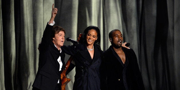 LOS ANGELES, CA - FEBRUARY 08: (L-R) Recording artistis Paul McCartney, Rihanna and Kanye West perform 'FourFiveSeconds' ons