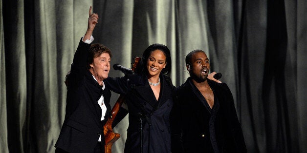 LOS ANGELES, CA - FEBRUARY 08: (L-R) Recording artistis Paul McCartney, Rihanna and Kanye West perform 'FourFiveSeconds' onstage during The 57th Annual GRAMMY Awards at the at the STAPLES Center on February 8, 2015 in Los Angeles, California. (Photo by Kevork Djansezian/Getty Images)