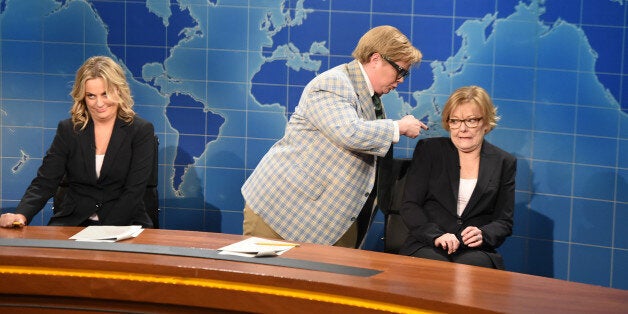 SATURDAY NIGHT LIVE 40TH ANNIVERSARY SPECIAL -- Pictured: (l-r) Amy Poehler, Melissa McCarthy as Matt Foley, Jane Curtin during the Weekend Update skit on February 15, 2015 -- (Photo by: Theo Wargo/NBC/NBCU Photo Bank via Getty Images)