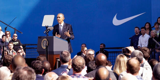 President Barack Obama speaks at Nike headquarters in Beaverton, Ore., Friday, May 8, 2015. The President is in Beaverton to make his trade policy pitch as he struggles to win over Democrats for what could be the last major legislative push of his presidency. (AP Photo/Don Ryan)