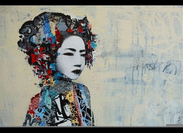 Uk Street Artist Hush Blue Geishas And Graffiti Tags - 