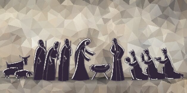 Hand drawn vector illustration with nativity scene. Baby jesus born in Bethlehem.