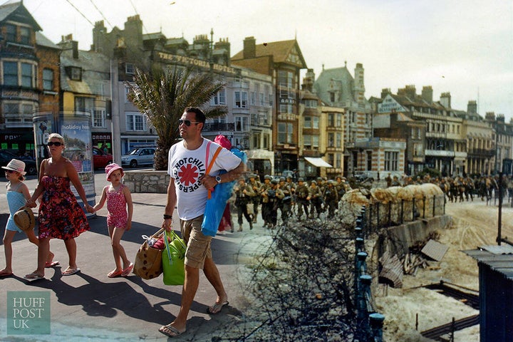 <strong>In 2014, tourists stroll by where the 2nd Battalion US Army Rangers once marched to their landing craft in Weymouth, England June 5, 1944.</strong>