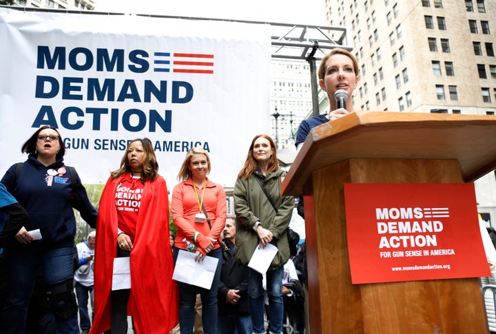 Shannon Watts speaks at the 2016 Moms Demand Action march across the Brooklyn Bridge.